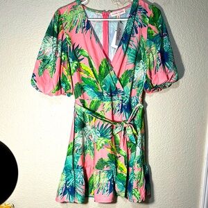 Flying Tomato The Aloha Dress Pink and Green Leaf Dress Medium